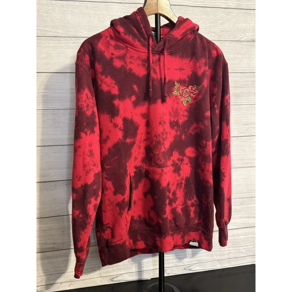 Broken Promises Pullover Hoodie Size M Red Black Tie Dye Rose Graphic